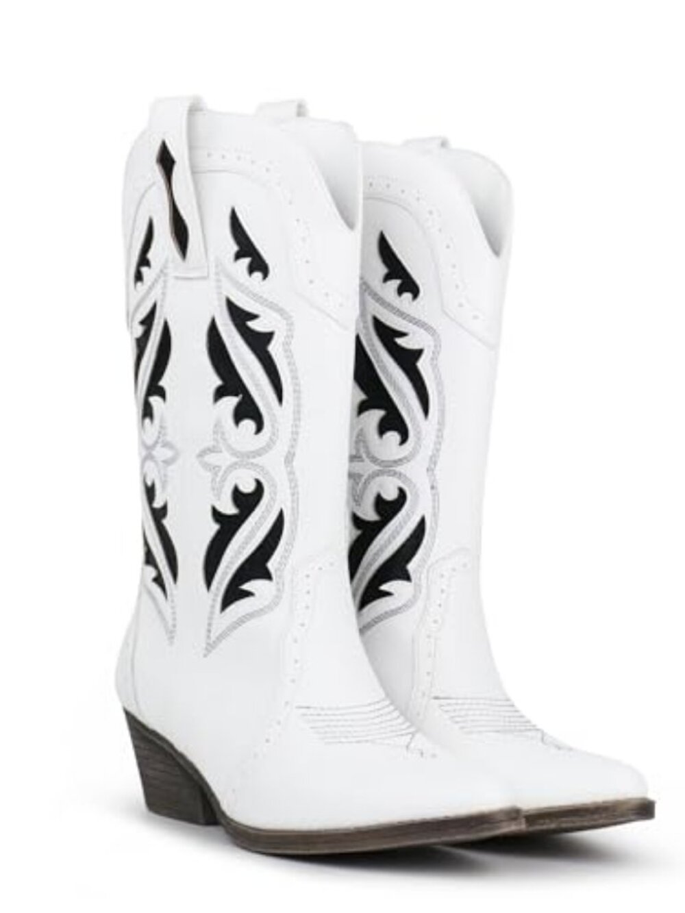 Women's Embroidered Stitched Mid Calf Cowboy Boots Pointed Toe Chunky Block Heel